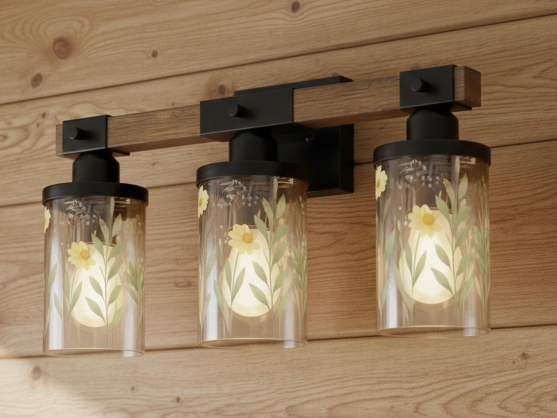 Luxury Bathroom Lighting Yellow Floral Vanity Light Fixture 3-Light Decorative Metal and Glass Restroom Light Garden Flower Over Sink Decor