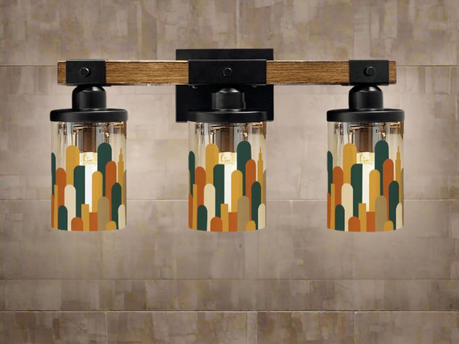 Luxury Bathroom Lighting MCM Vanity Light Fixture 3-Light Decorative Metal & Glass Restroom Light Midcentury Modern City Skyline Sink Decor