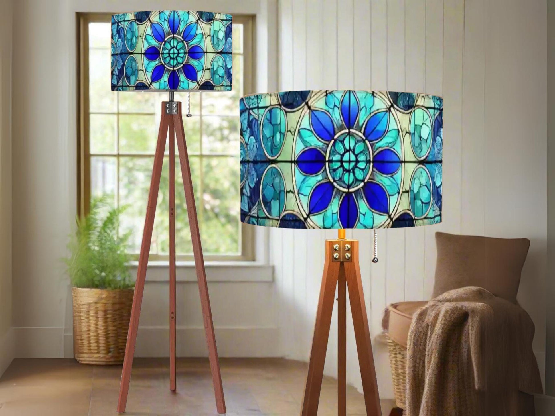 Floor Lamp Tripod Mid Century Wood Tall Lamp Linen Shade Stained Glass Effect Solid Wood Tall Lamp Housewarming Gift Living Room Decor Lamp