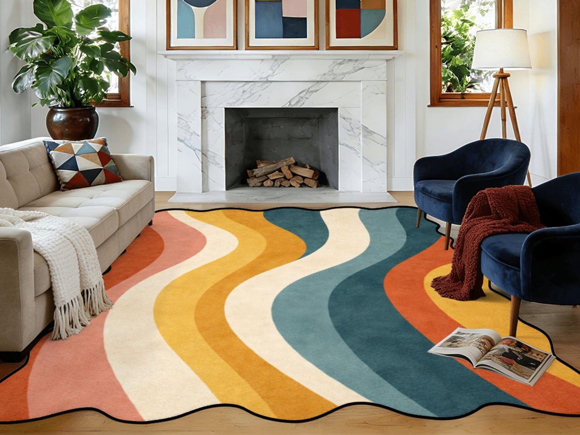 Mid Century Modern Scalloped Rug Retro Wave Area Rug Organic Abstract Color Block Rug Modern Living Room Statement Rug Wavy Stripe MCM Rug