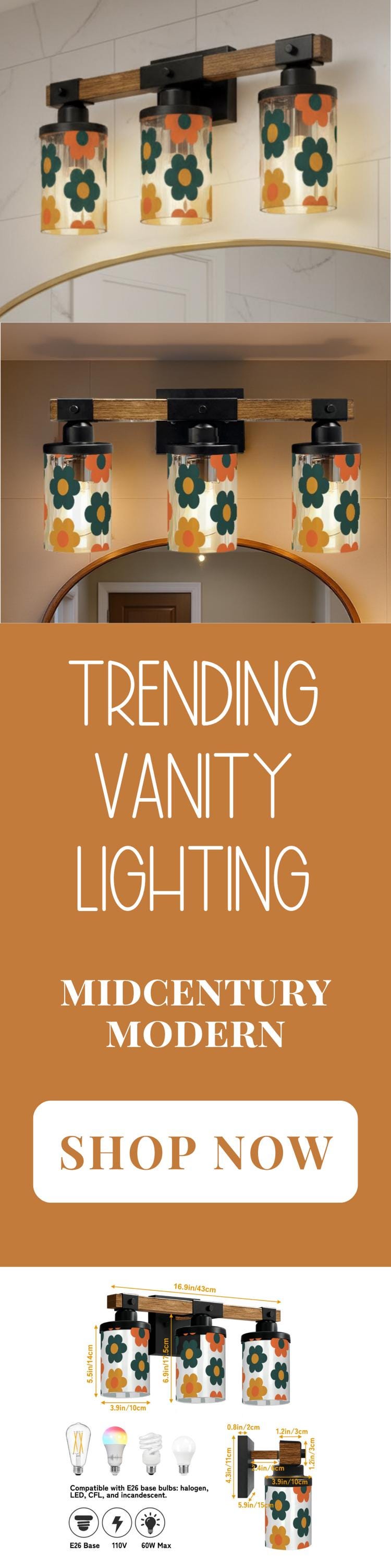 Luxury Vanity Lighting Mid Mod Bathroom Lighting Midcentury Modern 3-Light Decorative Metal and Glass Restroom Light MCM Over Sink Decor