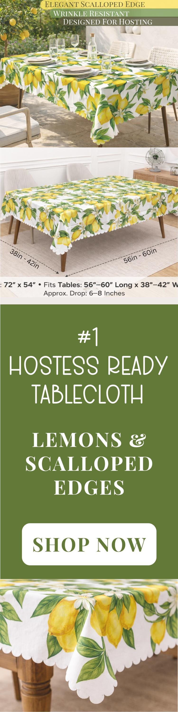 Tablecloth Lemon Rectangle With Scalloped Edge Lace Detail Springtime Spill-Proof Washable Fabric Lemons Table Cloth For Family Dining