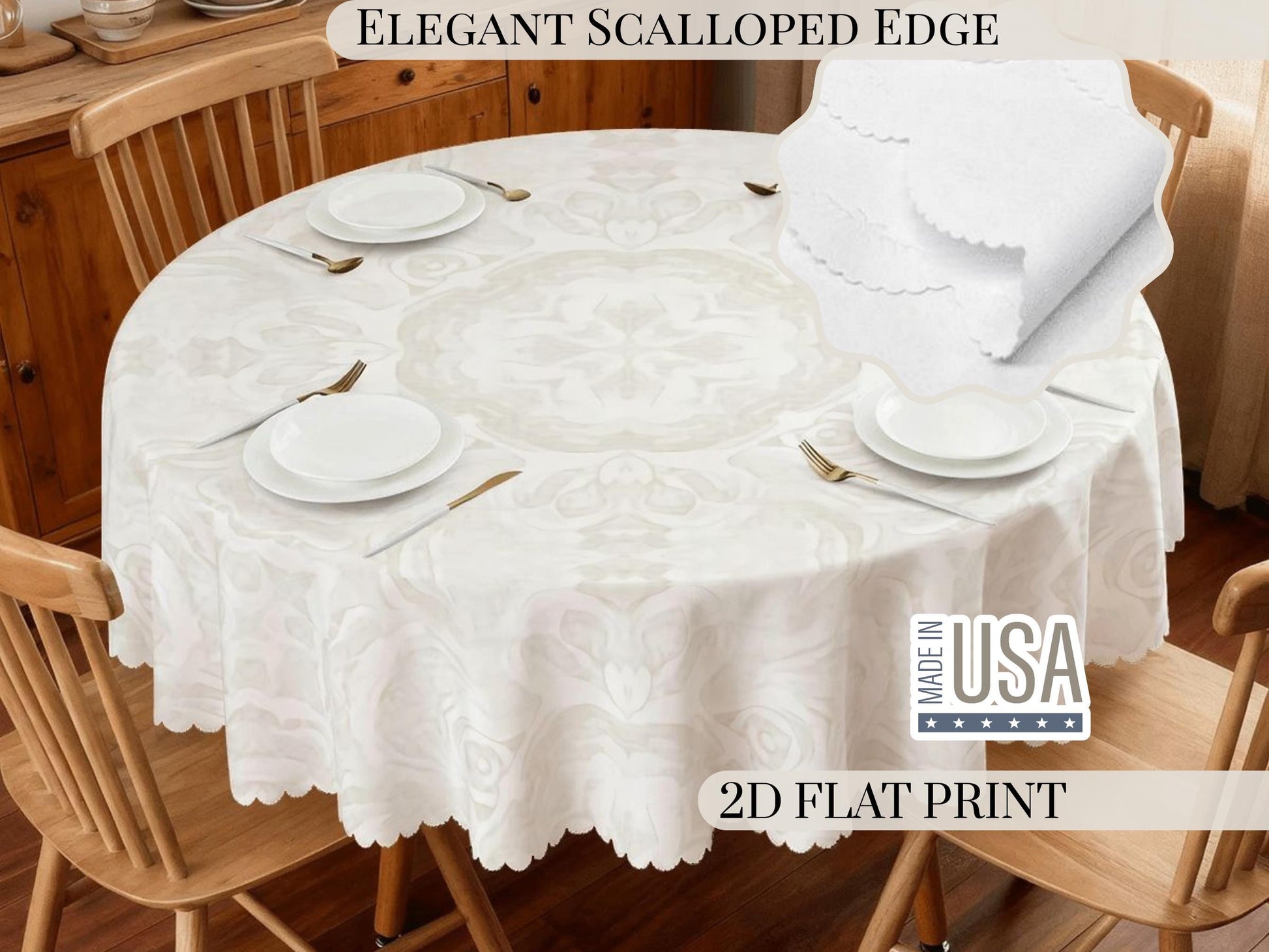 Tablecloth Round 60in Ivory With Scalloped Edge Lace Affect Details For Dining Room Spill-Proof Spring Washable Fabric Table Cloth Dinner