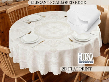 Tablecloth Round 60in Ivory With Scalloped Edge Lace Affect Details For Dining Room Spill-Proof Spring Washable Fabric Table Cloth Dinner