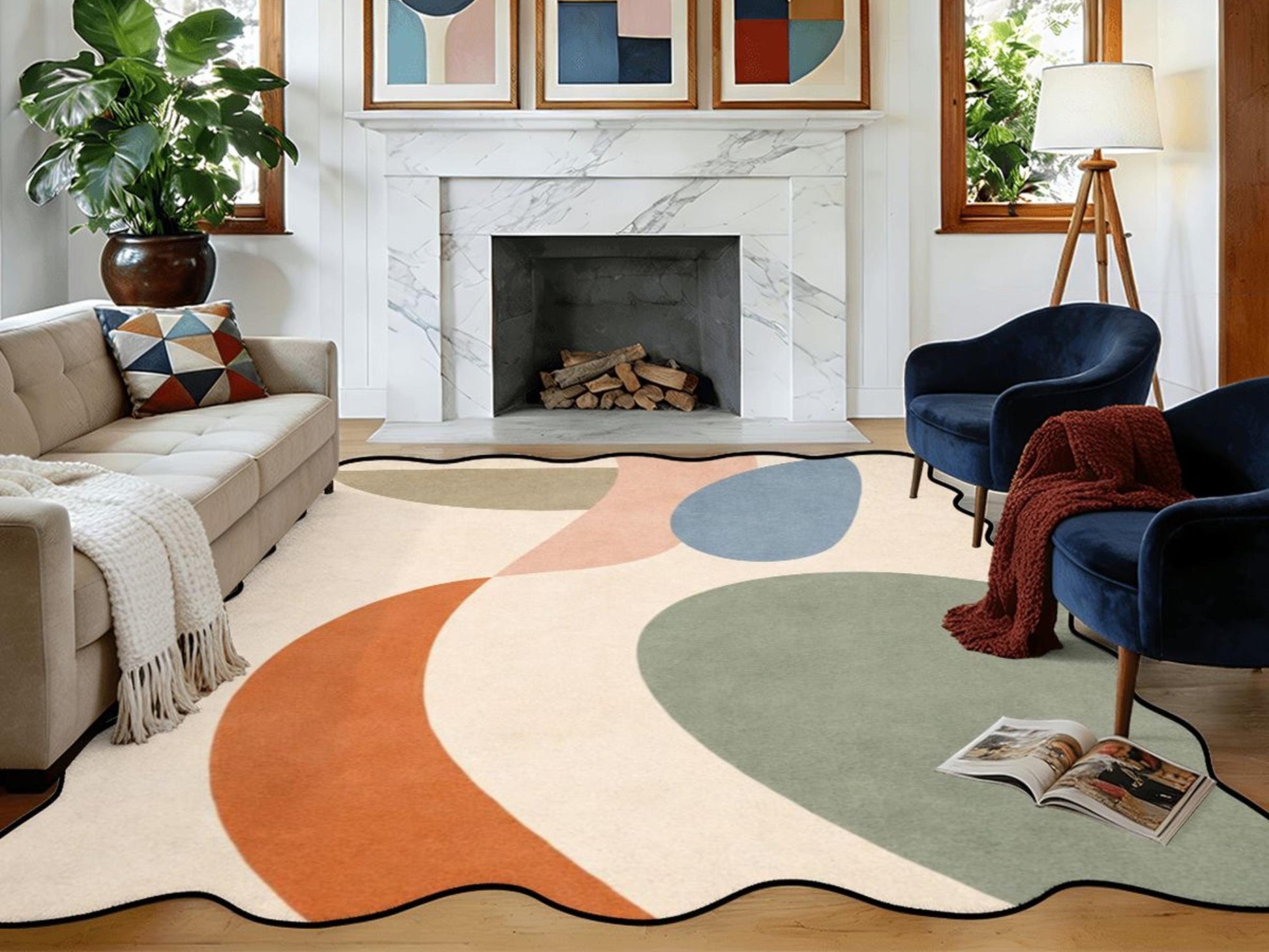 Organic Abstract Rug Scalloped Edge Area Rug Modern Scandinavian Rug Mid Century Designer Rug Neutral Living Room Rug Minimalist Carpet