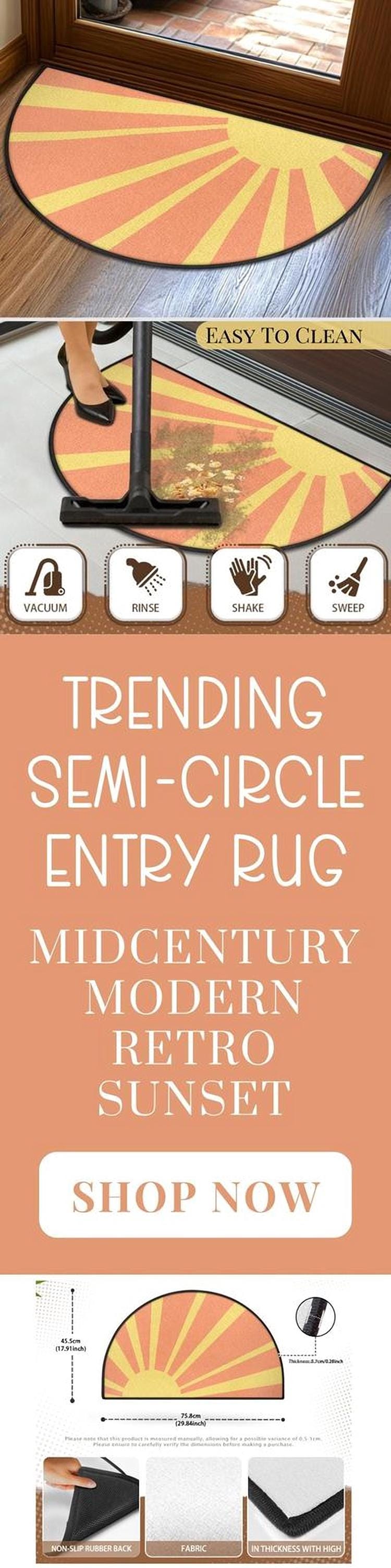 Midcentury Modern Entryway Rug Semi-Circle Retro Sunset Rug Indoor Design Carpet Accenty Welcome Mat Mid Mod Rug Soft Short Pile Midmod Rug