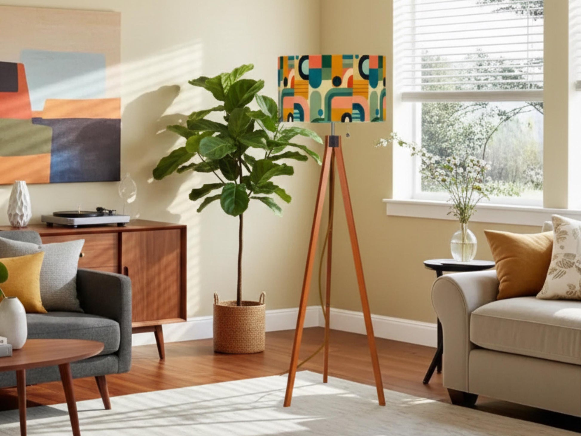 Mid Century Modern Tripod Floor Lamp Wood Base Housewarming Gift Living Room Lighting Decor Abstract Shape Orange Floor Lamp Gifting Idea