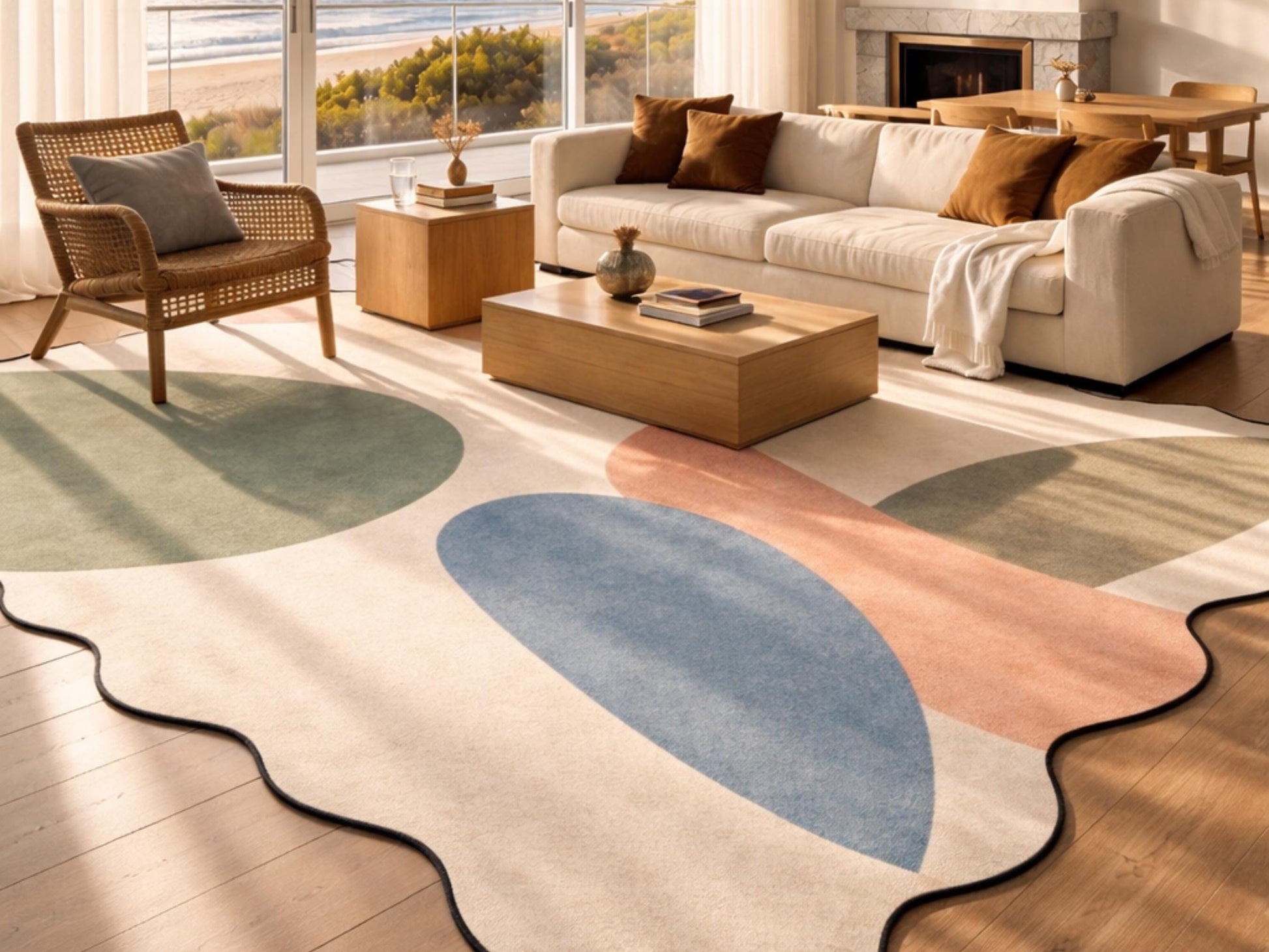 Organic Abstract Rug Scalloped Edge Area Rug Modern Scandinavian Rug Mid Century Designer Rug Neutral Living Room Rug Minimalist Carpet