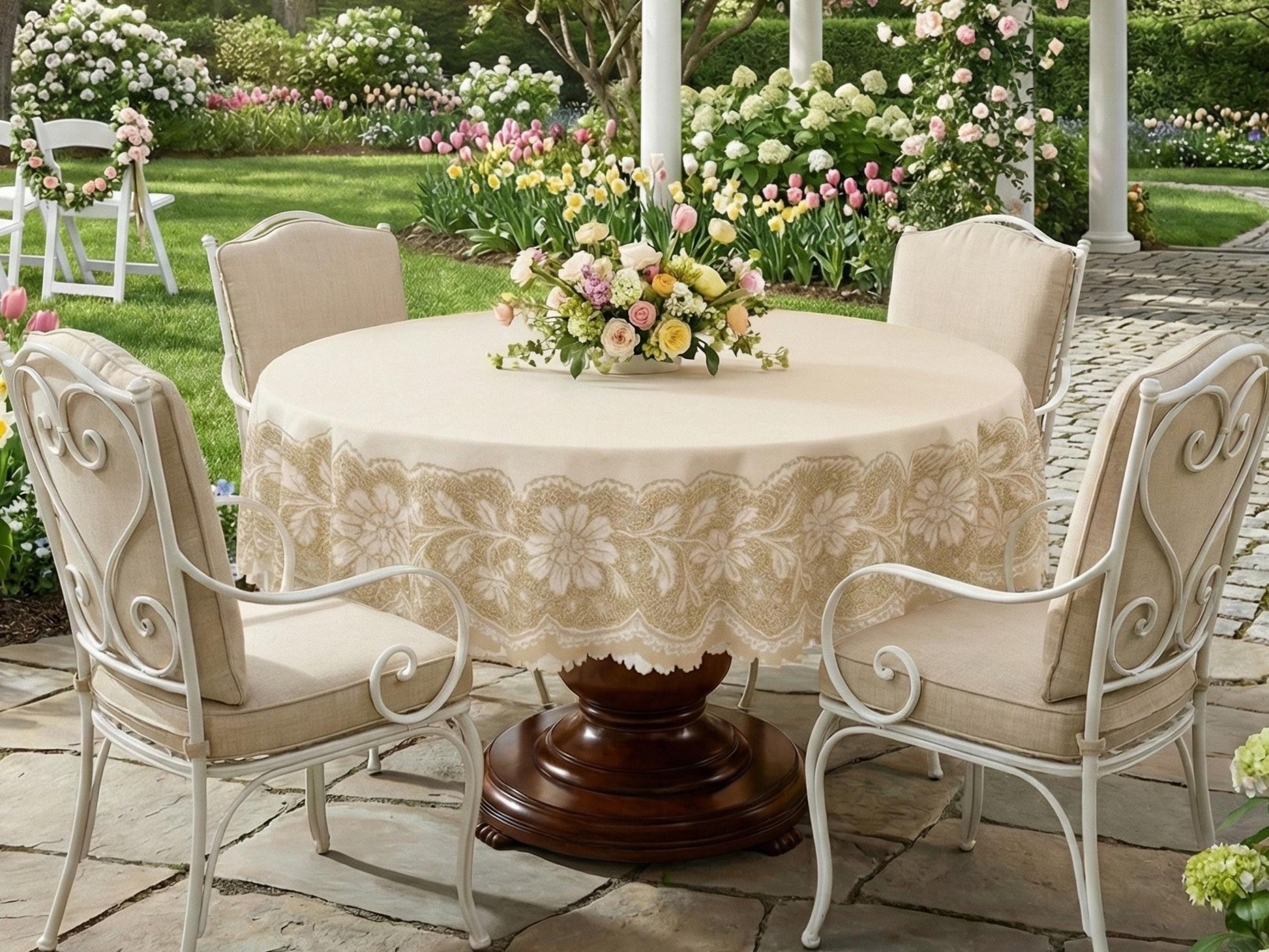 Round Floral Tablecloth With Scalloped Edge Lace Printed Detail Design Spill-Proof Elegant Washable Fabric Table Cloth For Dining Table