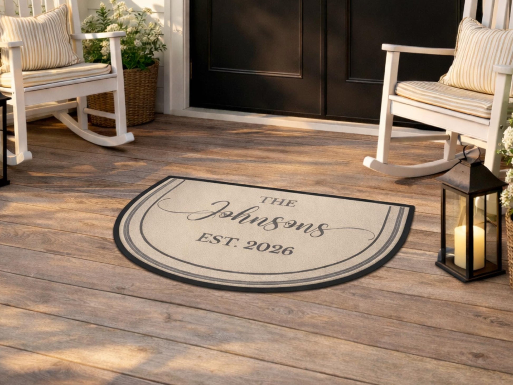 Welcome Mat Custom Entryway Rug Family Name Est Year Semi-Circle Minimalist Beige Carpet Accent Mat Rug Soft Short Pile Personalized Rug