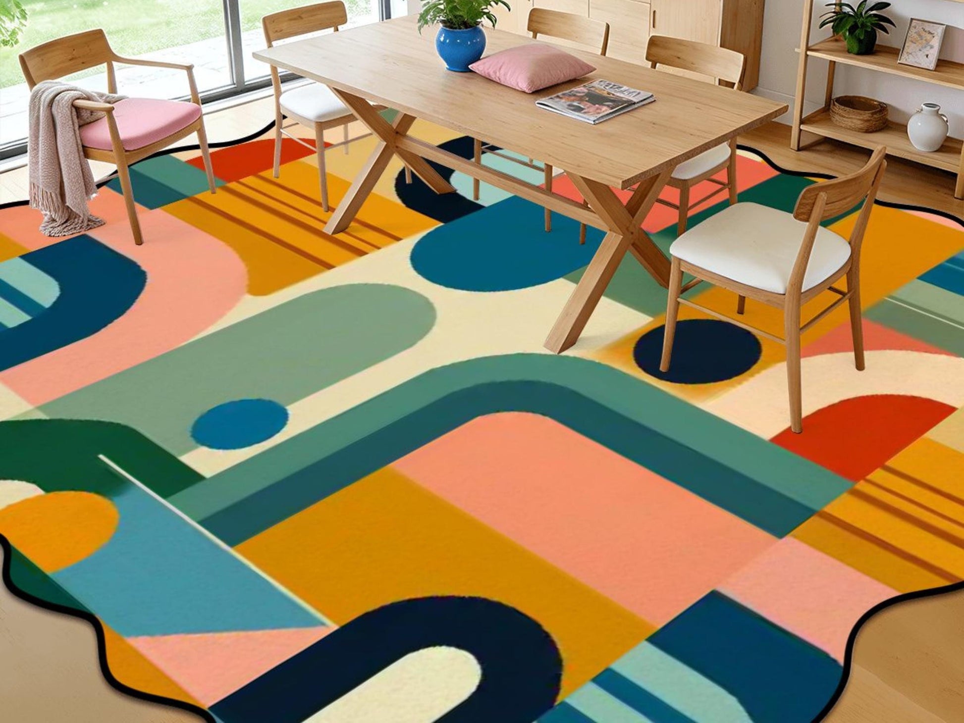 Mid Century Modern Scalloped Edge Rug 8x10 9x12 Geometric Area Rug MCM Retro Colorful Living Room Rug Statement Floor Decor Mid Mod Rug