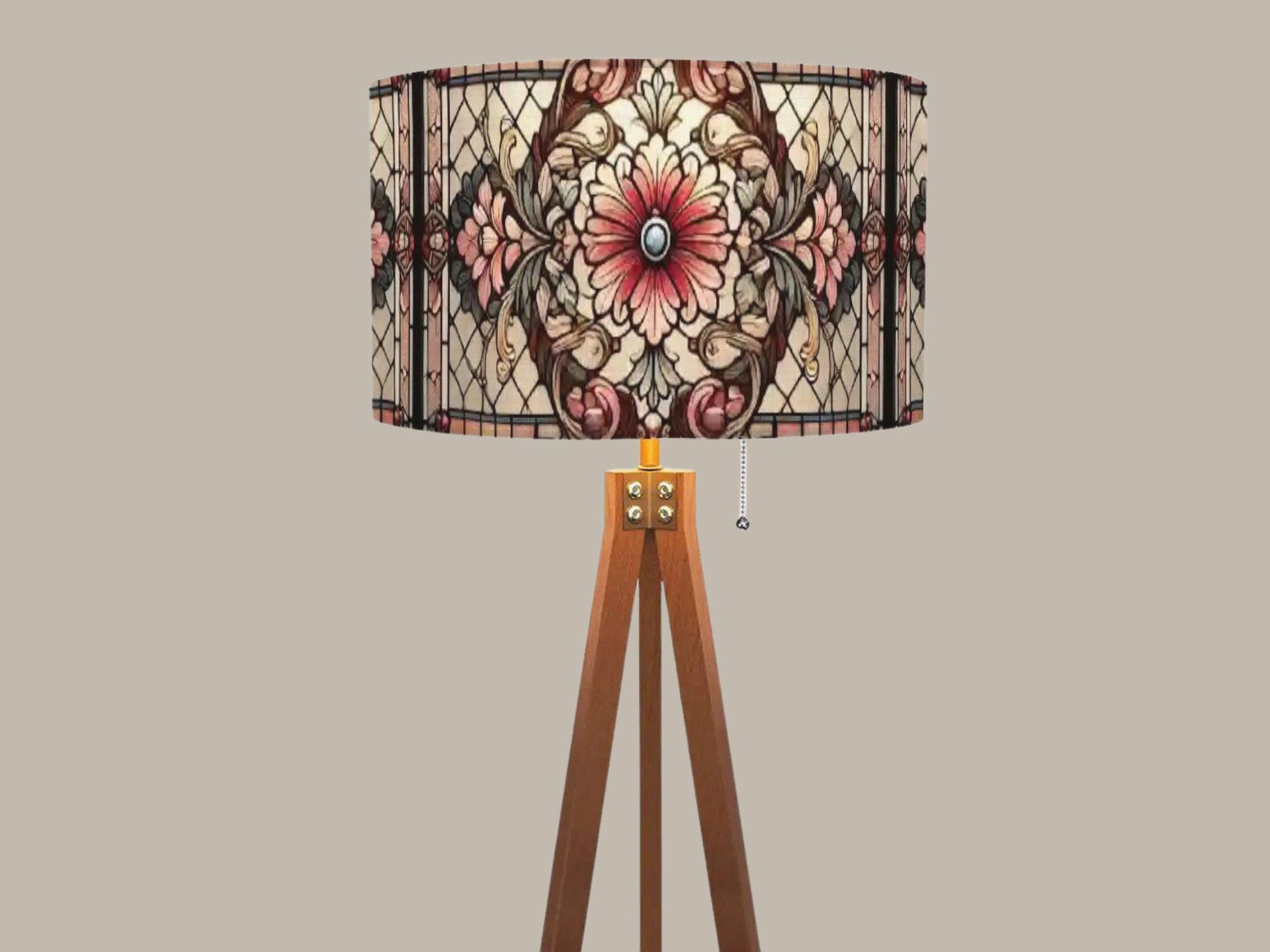 Floor Lamp Mid Century Wood Tripod Tall Lamp Solid Wood Linen Shade Stained Glass Effect Tall Lamp Housewarming Gift Living Room Decor Lamp