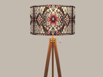 Floor Lamp Mid Century Wood Tripod Tall Lamp Solid Wood Linen Shade Stained Glass Effect Tall Lamp Housewarming Gift Living Room Decor Lamp