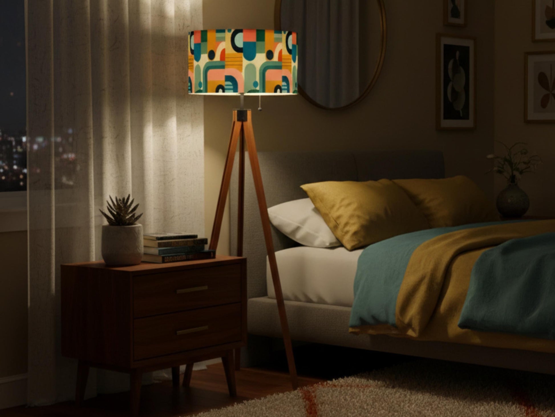 Mid Century Modern Tripod Floor Lamp Wood Base Housewarming Gift Living Room Lighting Decor Abstract Shape Orange Floor Lamp Gifting Idea
