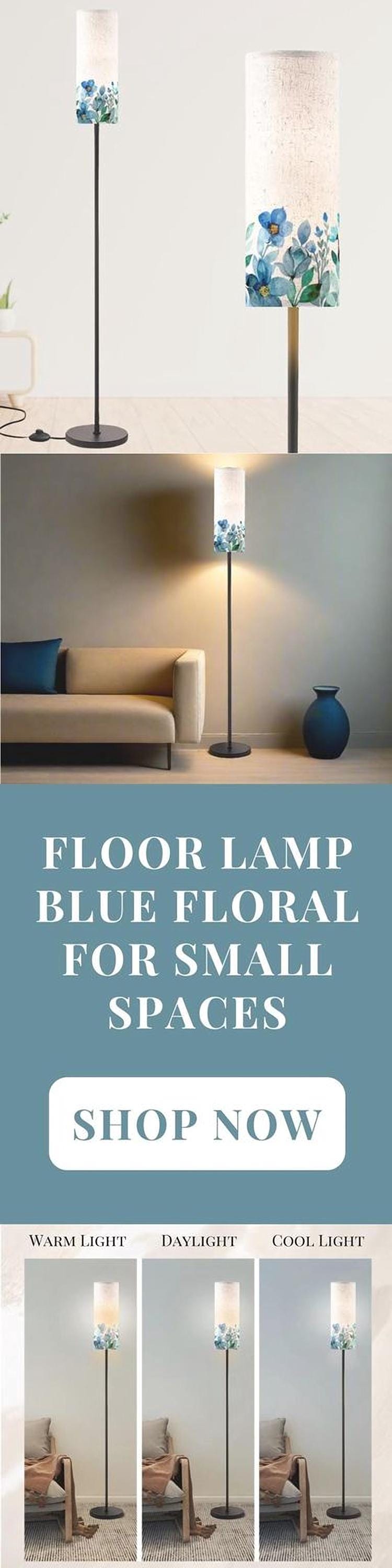 Floor Lamp Mid Century Modern Beige Blue Floor Lamp Stripe MCM Floor Lighting Tall Lamp Subtle Floral Blue Accent Lighting Vintage Mod Decor