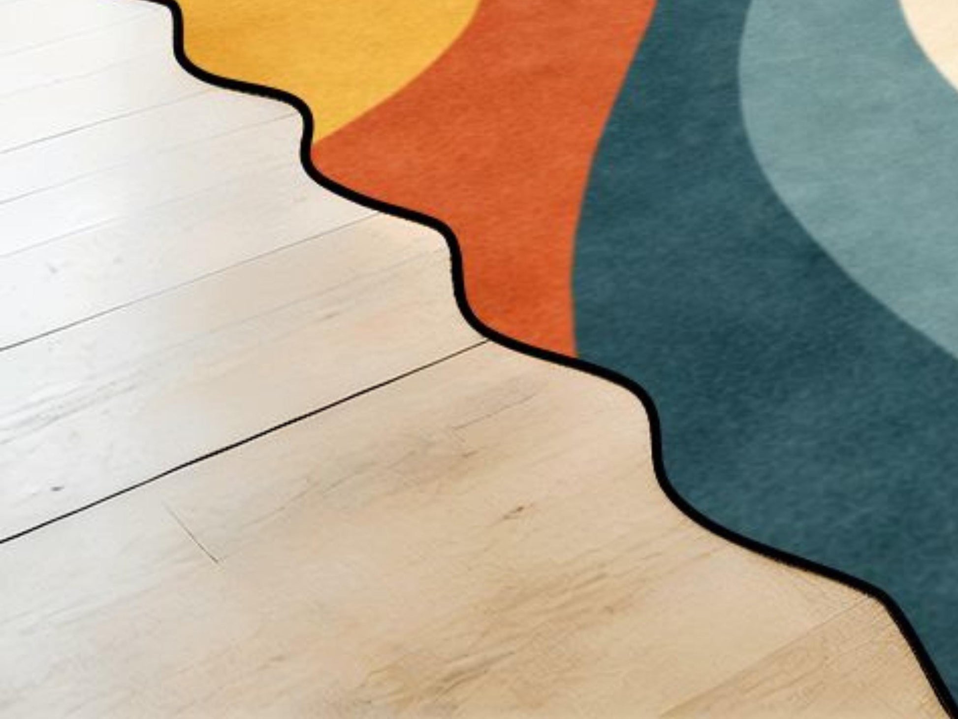 Mid Century Modern Scalloped Rug Retro Wave Area Rug Organic Abstract Color Block Rug Modern Living Room Statement Rug Wavy Stripe MCM Rug