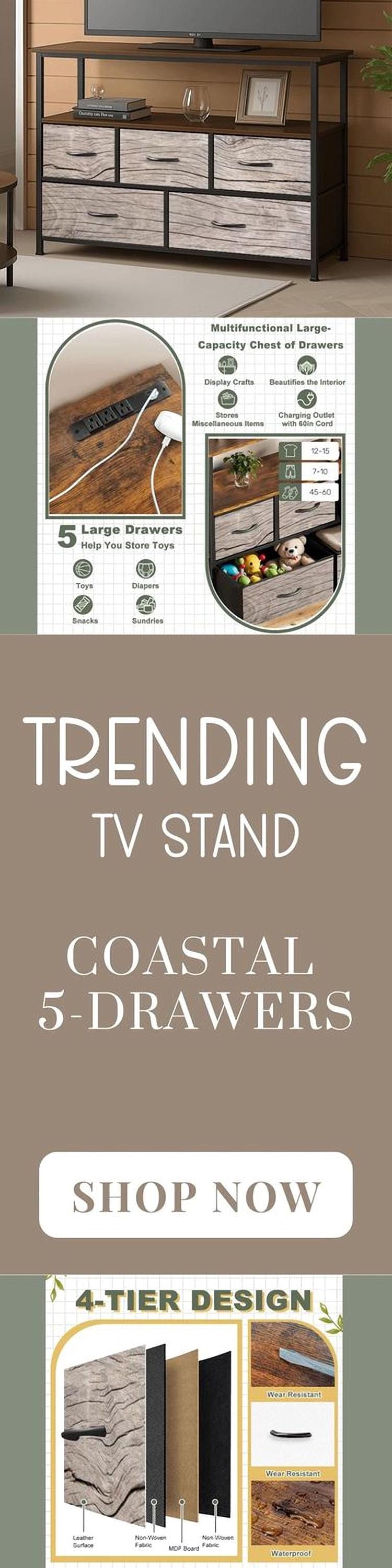 TV Stand With Drawers Driftwood Coastal Effect Decorative Fabric Drawers Bedroom Chest of Drawers Beach Theme Modern Plug & Charging Station