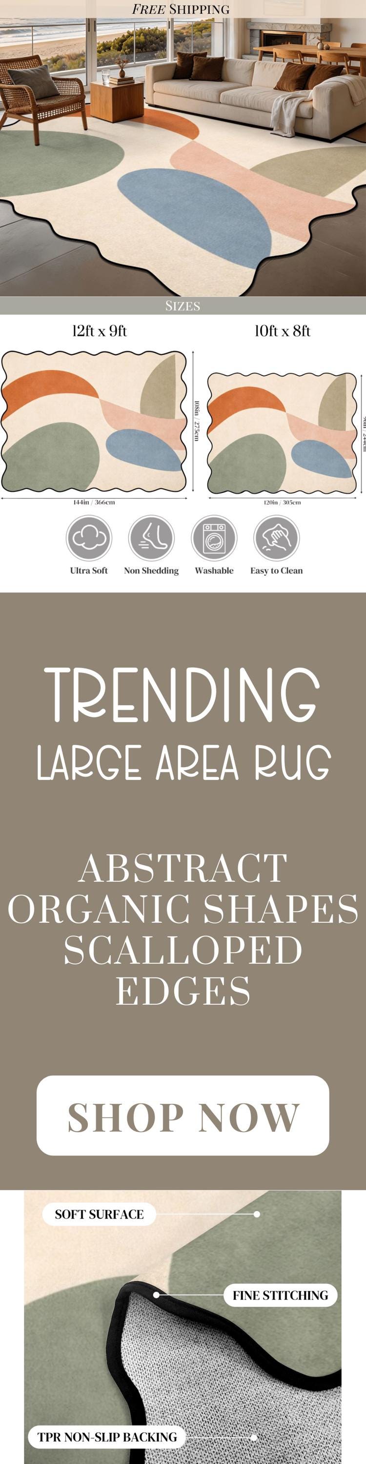 Organic Abstract Rug Scalloped Edge Area Rug Modern Scandinavian Rug Mid Century Designer Rug Neutral Living Room Rug Minimalist Carpet