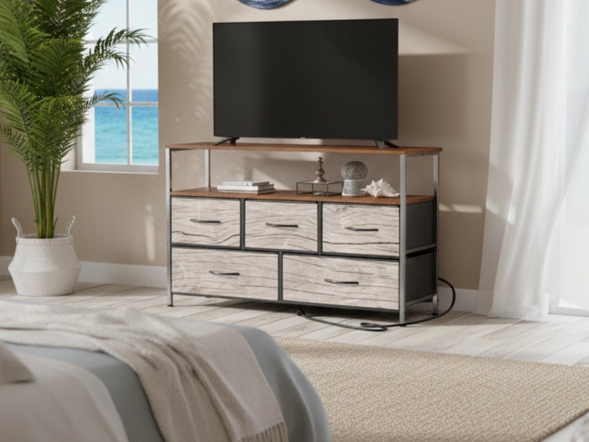 TV Stand With Drawers Driftwood Coastal Effect Decorative Fabric Drawers Bedroom Chest of Drawers Beach Theme Modern Plug & Charging Station