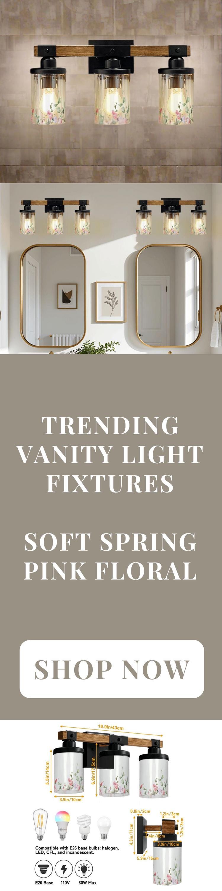 Bathroom Lighting Vanity Light Fixture Soft Pink Floral 3-Light Farmhouse Luxury Bathroom  Metal and Glass Restroom Light Over Sink Decor