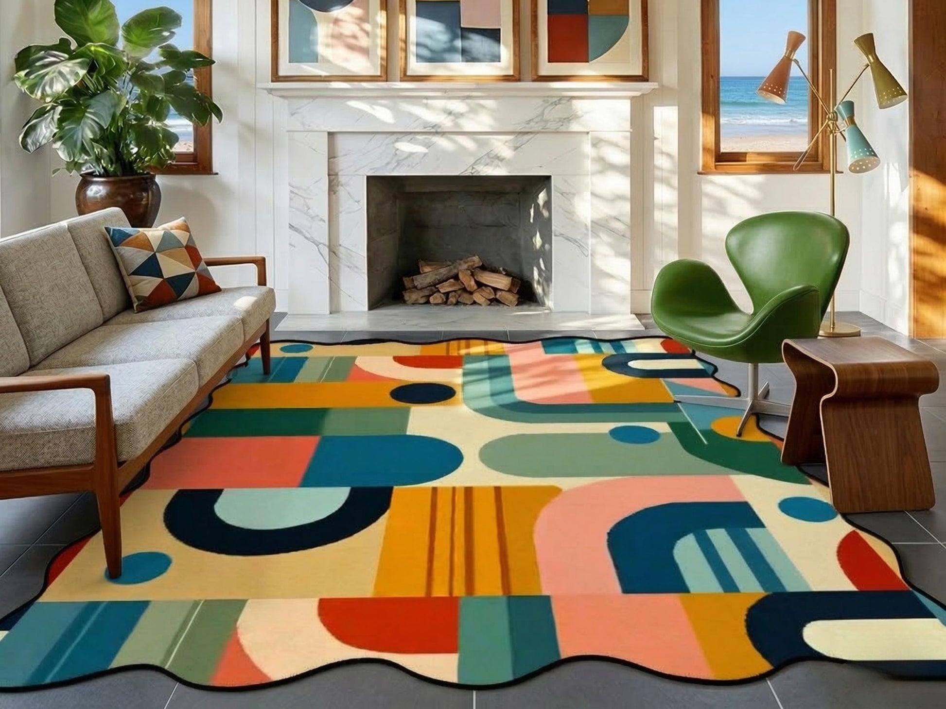 Mid Century Modern Scalloped Edge Rug 8x10 9x12 Geometric Area Rug MCM Retro Colorful Living Room Rug Statement Floor Decor Mid Mod Rug