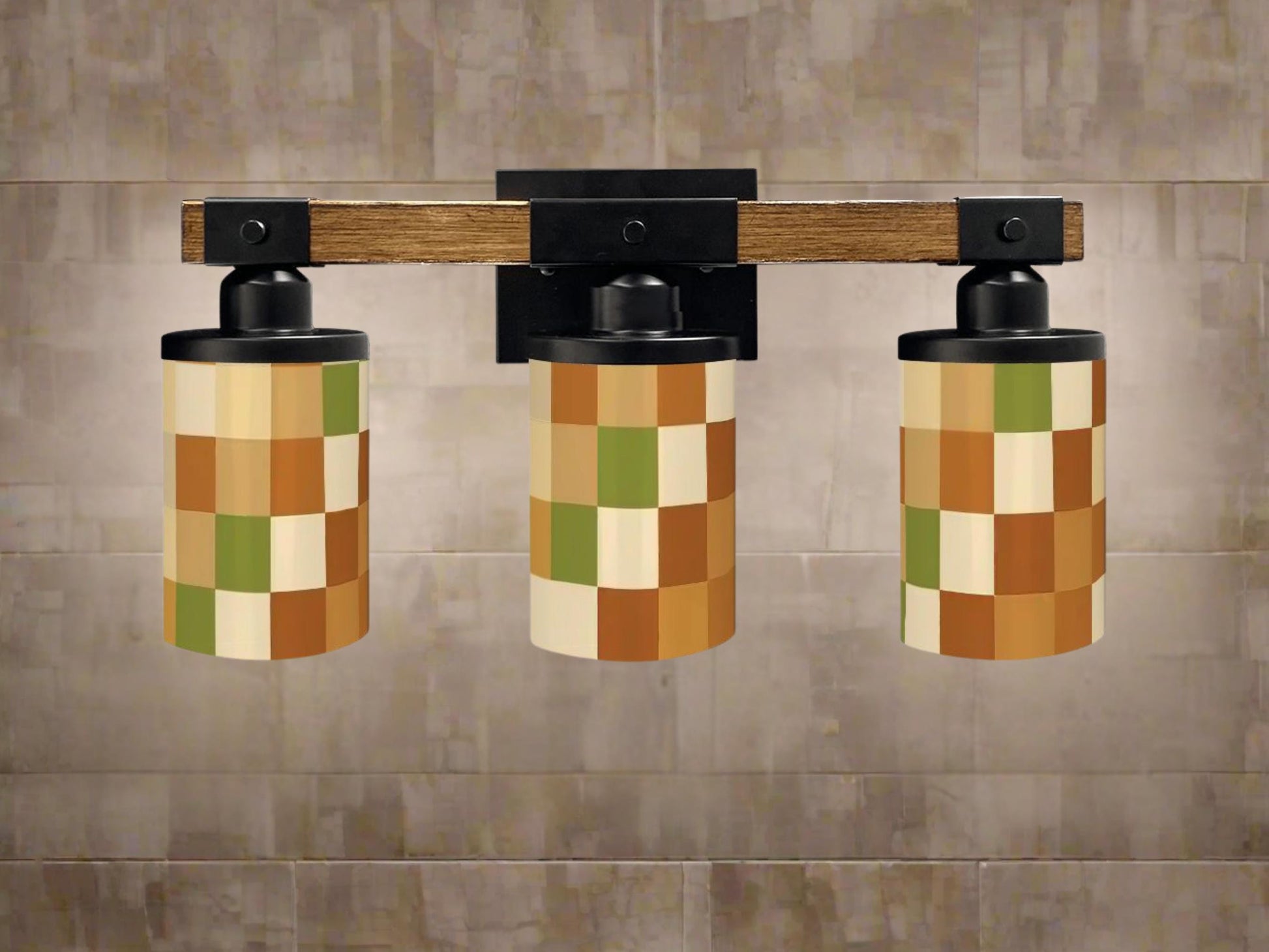 Luxury Bathroom Lighting MCM Vanity Light Fixture 3-Light Decorative Metal & Glass Restroom Light Midcentury Modern Checkers Over Sink Decor