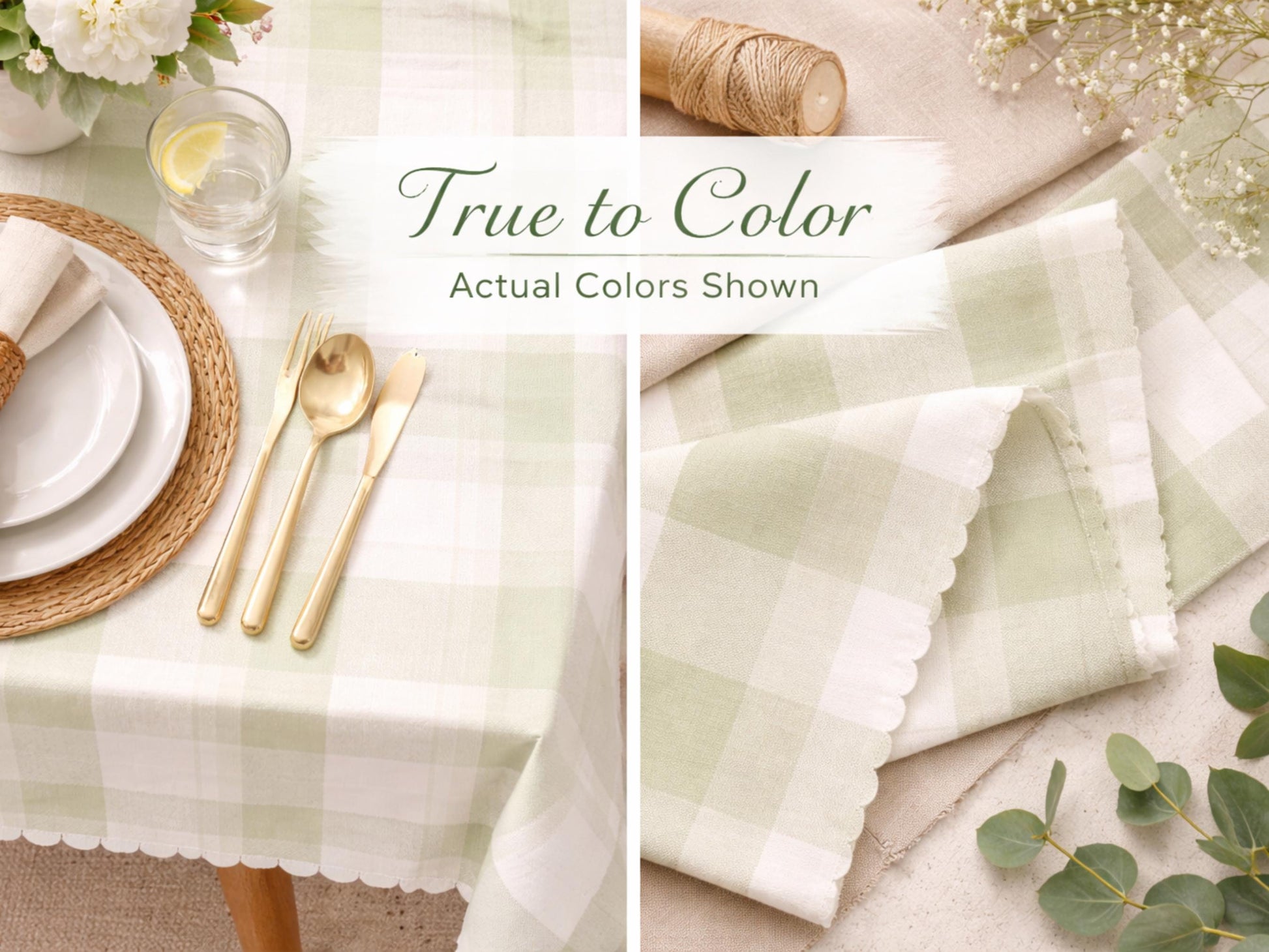 Scalloped Sage Gingham Tablecloth Hand Drawn Uneven Line Green Plaid Farmhouse Tablecloth Cottagecore Dining Table Cover Neutral Home Decor