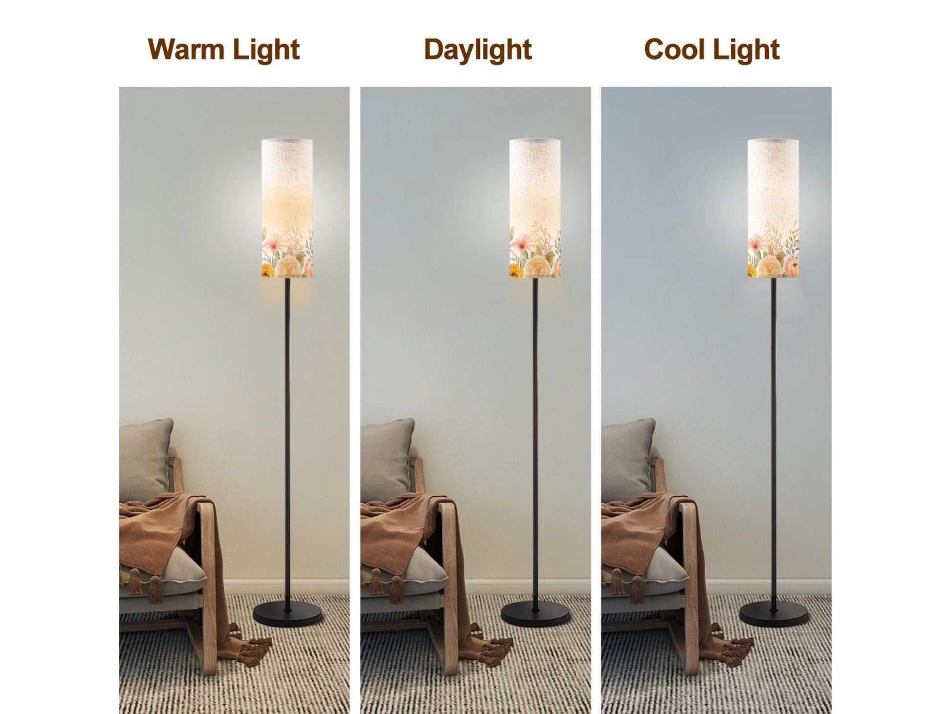 Floor Lamp Modern Standing Lamp Round Shade Tall Lamp Floral Cylinder Lamp Shade Living Room Lighting Made in USA Floor Lamp Bedroom Lamp