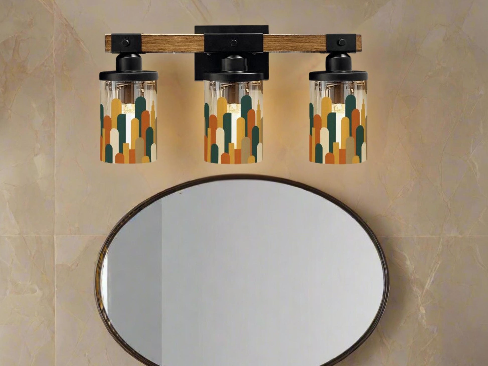 Luxury Bathroom Lighting MCM Vanity Light Fixture 3-Light Decorative Metal & Glass Restroom Light Midcentury Modern City Skyline Sink Decor