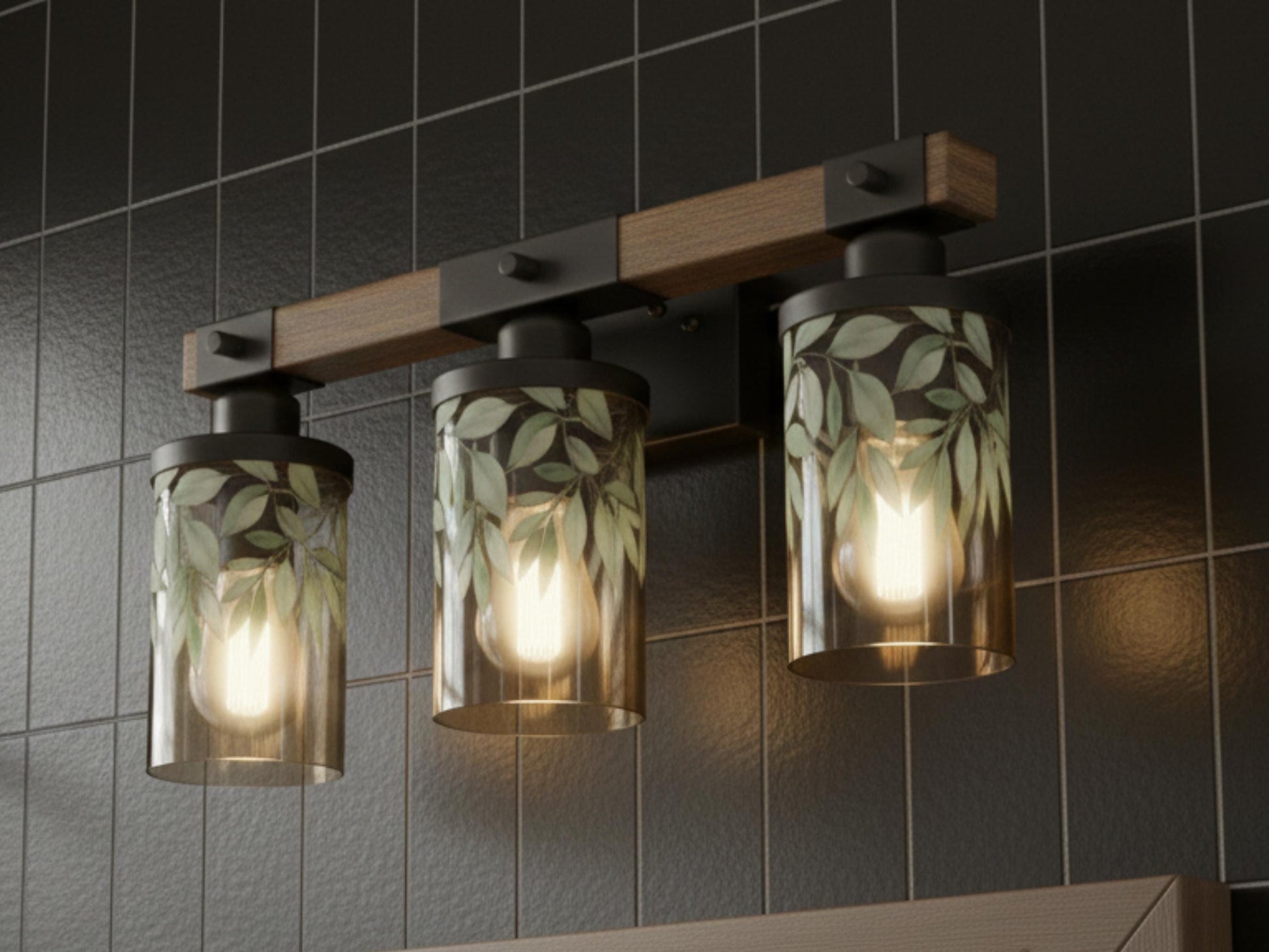 Luxury Bathroom Lighting Botanical Vanity Light Fixture 3-Light Decorative Metal & Glass Restroom Lights Green Leaves Light Over Sink Decor