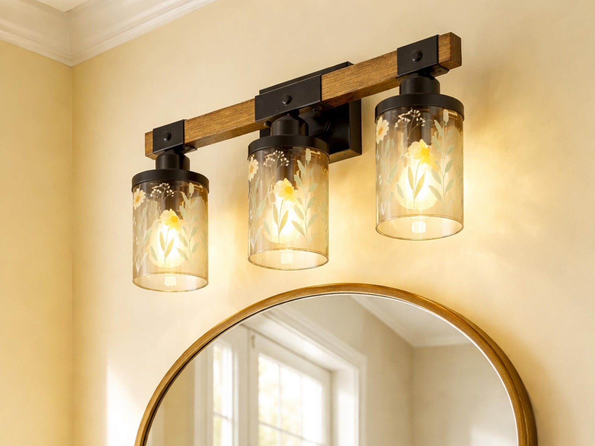 Luxury Bathroom Lighting Yellow Floral Vanity Light Fixture 3-Light Decorative Metal and Glass Restroom Light Garden Flower Over Sink Decor