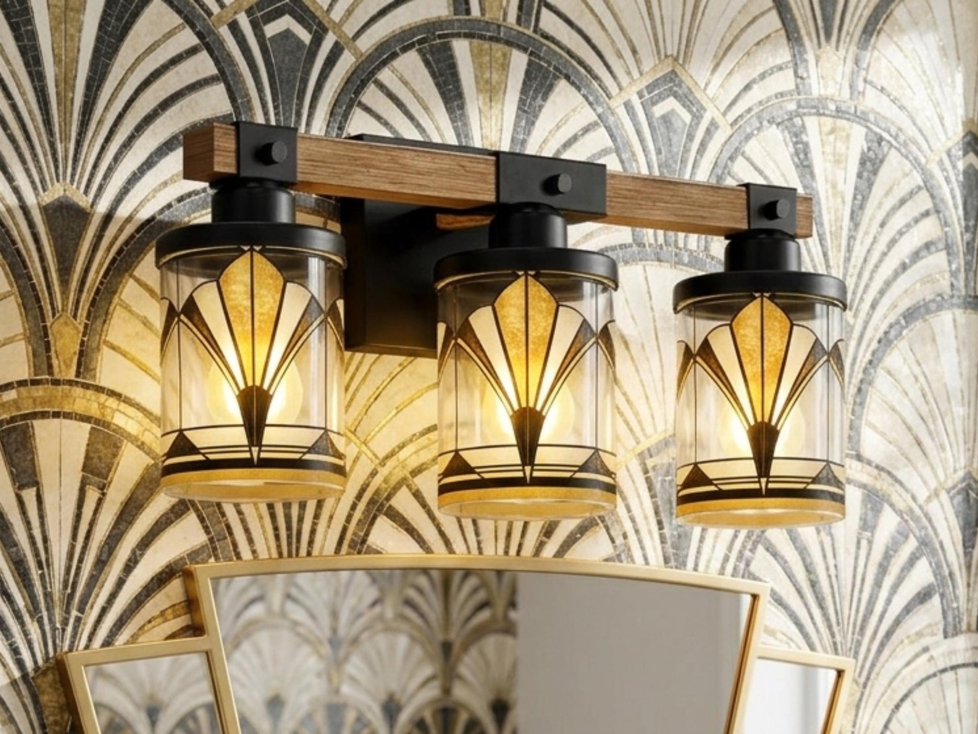 Art Deco Vanity Light Fixture Metal Glass Bathroom Lighting Vintage Wall 3-Light Above Sink Black Vanity Light Luxe Decor 3 Light Bath Decor