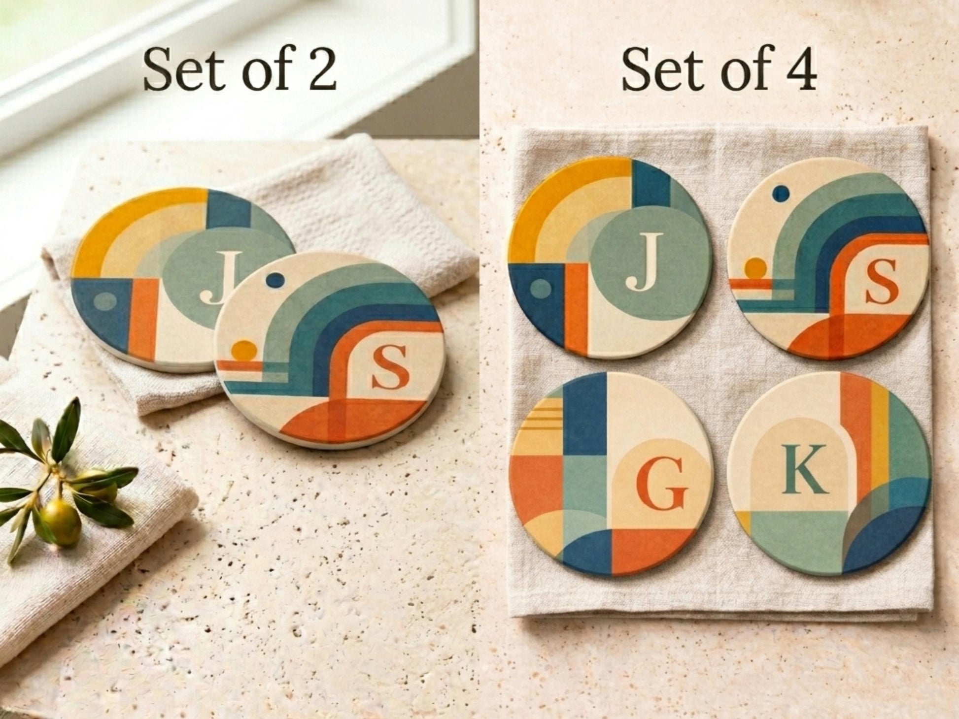 Mid Century Modern Coaster Set Retro Geometric Drink Coasters Abstract Arch Design Modern Home Decor Designer Coasters Set of 2 Set of 4
