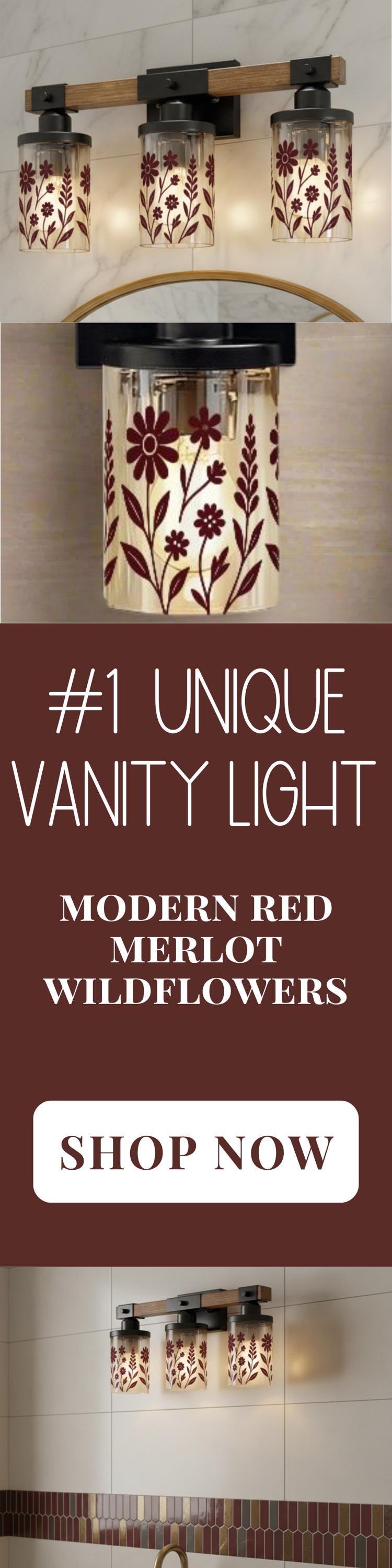 Luxury Bathroom Lighting Modern Vanity Light Fixture 3-Light Decorative Metal and Glass Restroom Light Red Merlot Wildflower Over Sink Decor