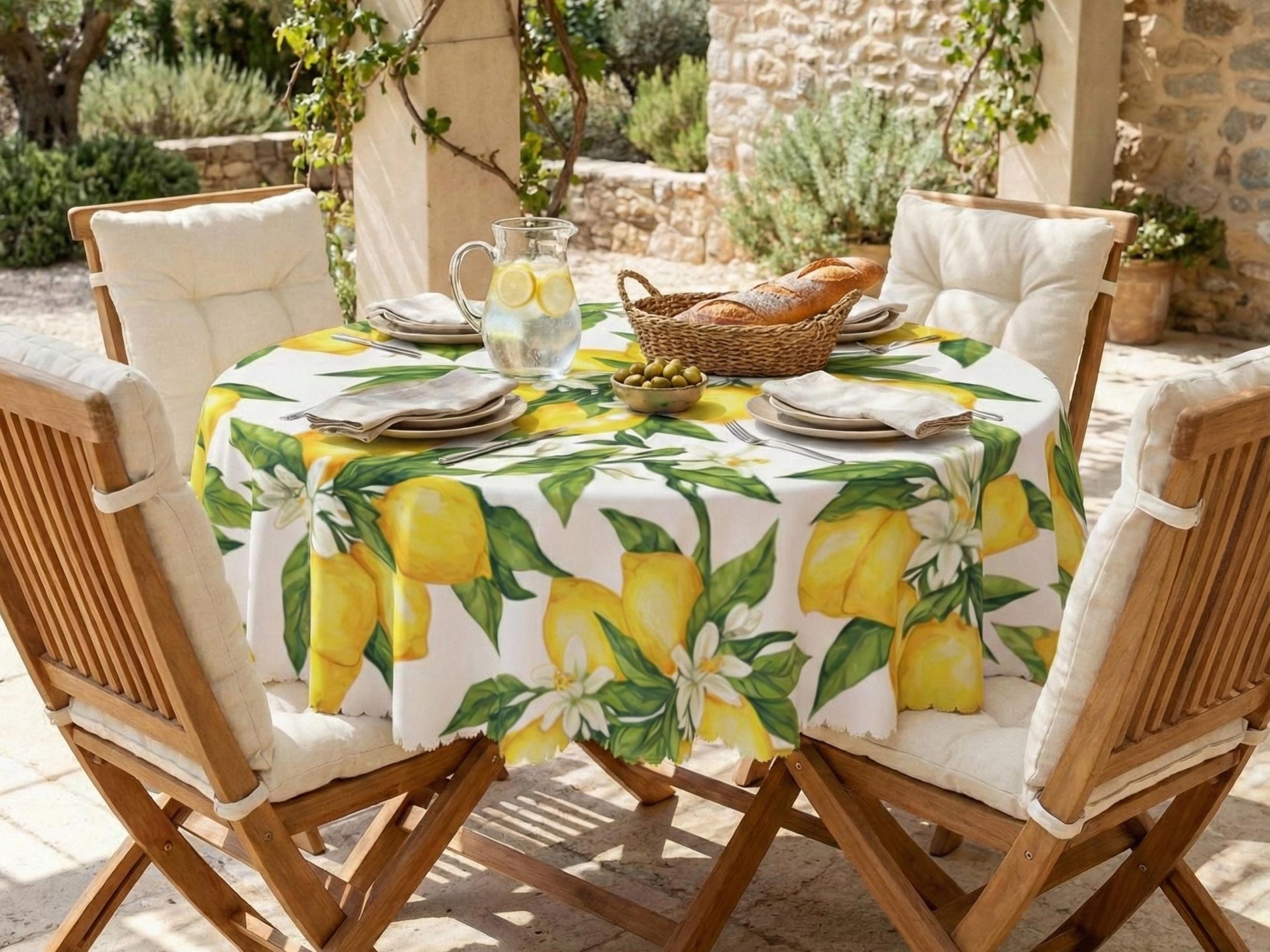 Tablecloth Lemon and Floral With Scalloped Edge Lace Detail Springtime Spill-Proof Lemons Washable Fabric Table Cloth For Family Dining