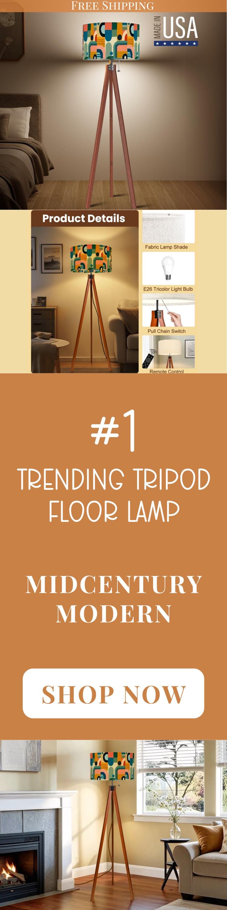 Mid Century Modern Tripod Floor Lamp Wood Base Housewarming Gift Living Room Lighting Decor Abstract Shape Orange Floor Lamp Gifting Idea