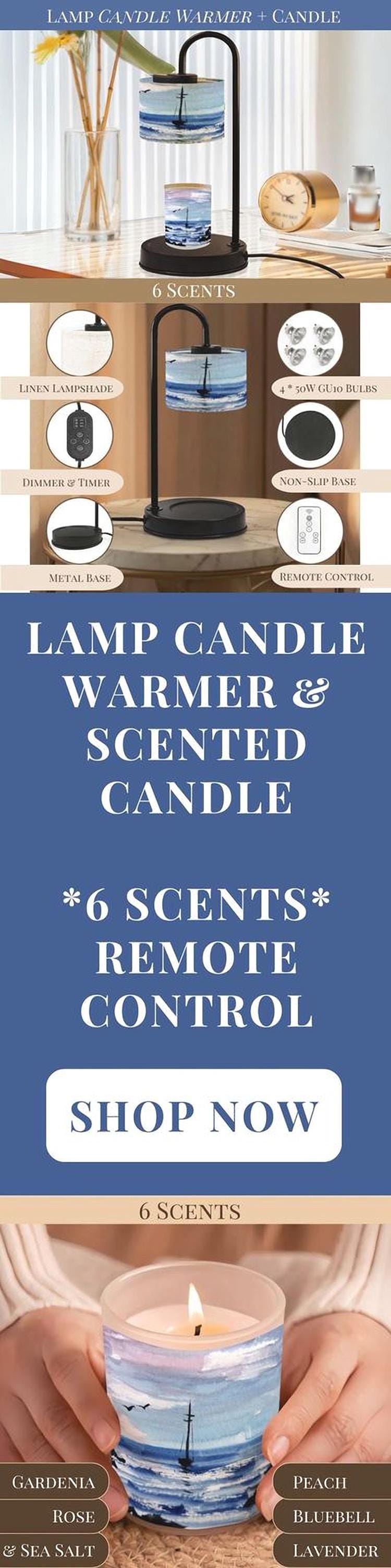 The image is a collage of three images featuring a lamp candle warmer and scented candle. The top image shows a lamp candle warmer with a candle, the middle image shows a person holding a candle, and the bottom image shows a person's hands holding a candle. The image also includes text promoting the lamp candle warmer and scented candle, with a focus on the remote control feature.