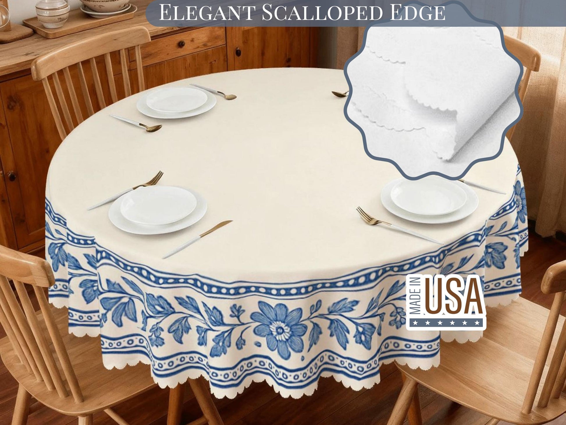 Tablecloth Flowers Border Scalloped Edge Lace Details For Dinner Events Spill-Proof Dining Table Cloth Washable Fabric Dining Tablecloth