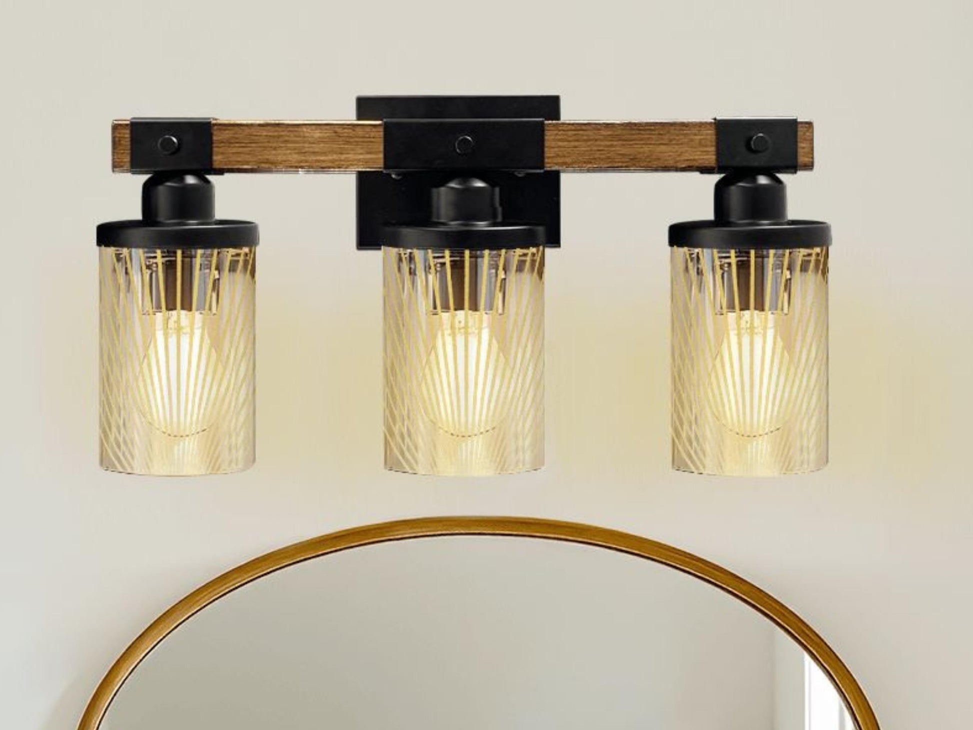 Luxury Bathroom Lighting Modern Farmhouse Vanity Light Fixture 3-Light Decorative Metal & Glass Bath Light Lined Beige Light Over Sink Decor