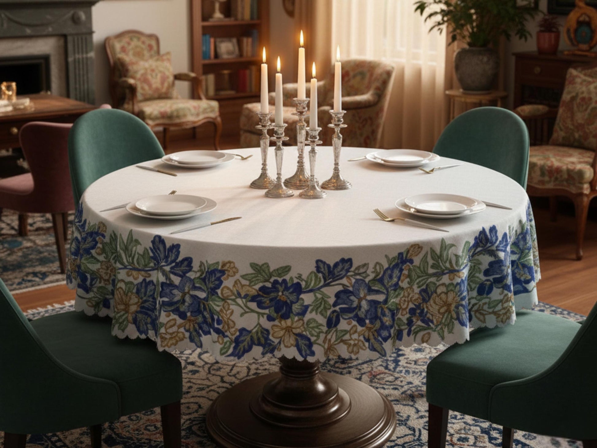 a cozy dining room with a round table set for four, featuring a floral tablecloth, plates, silver candlesticks, and a vase of flowers.
