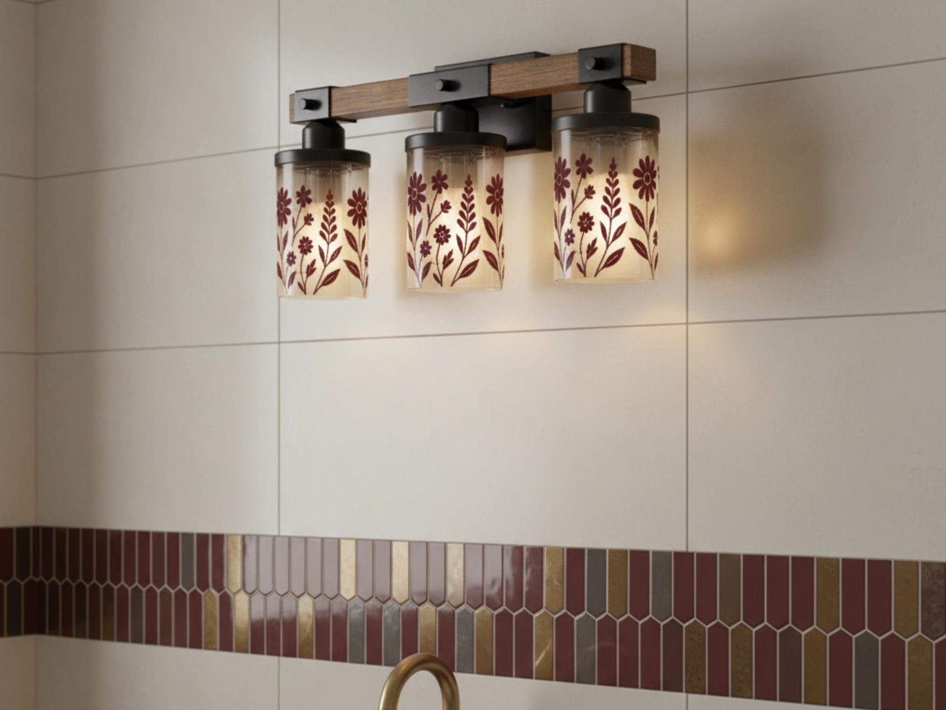 Luxury Bathroom Lighting Modern Vanity Light Fixture 3-Light Decorative Metal and Glass Restroom Light Red Merlot Wildflower Over Sink Decor