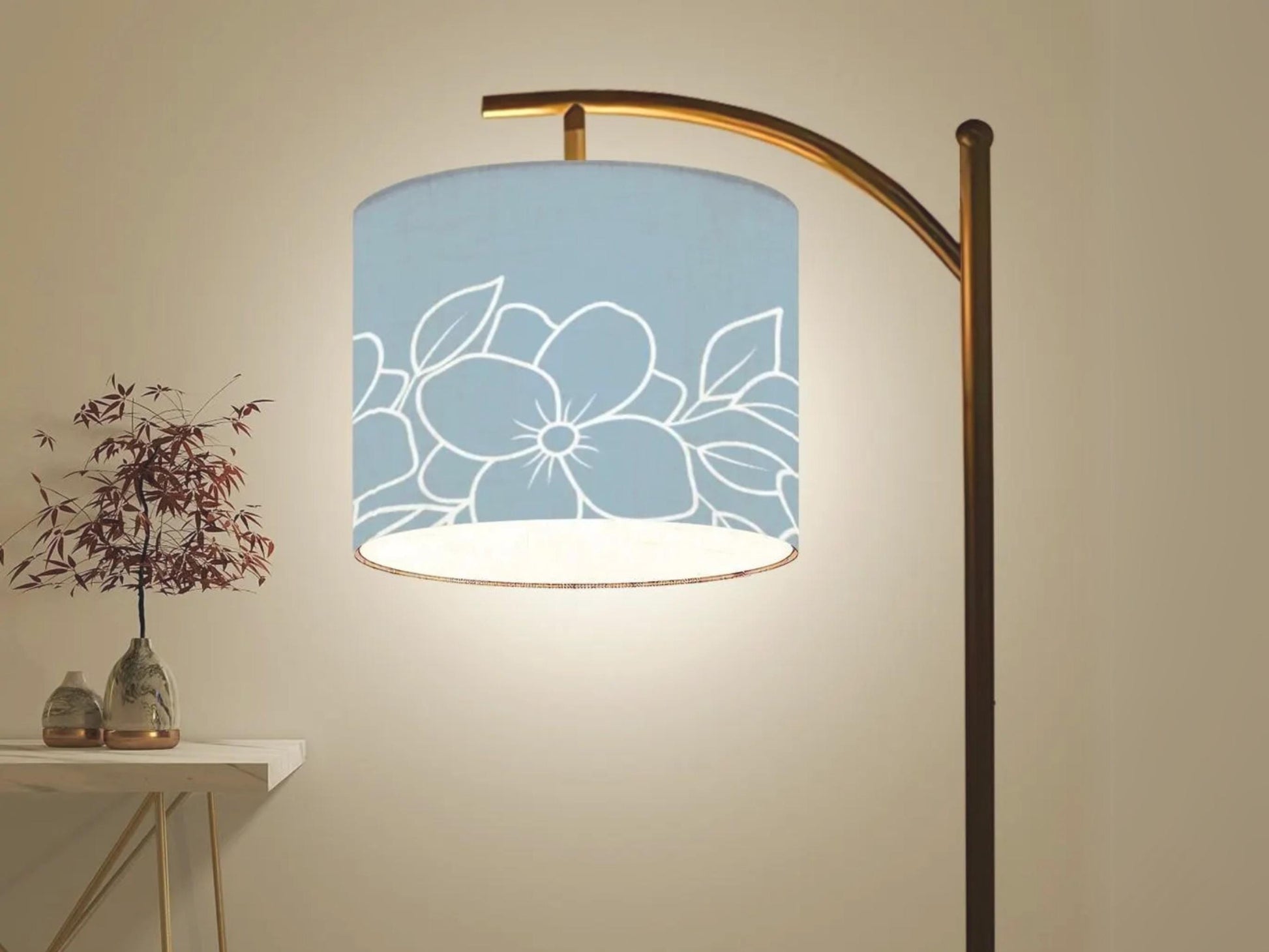 Arc Floor Lamp Modern Powder Blue Floral Living Room Lamp Gift Housewarming Present Idea Wildflowers Design Bedroom Lighting Floor Lamp Gift