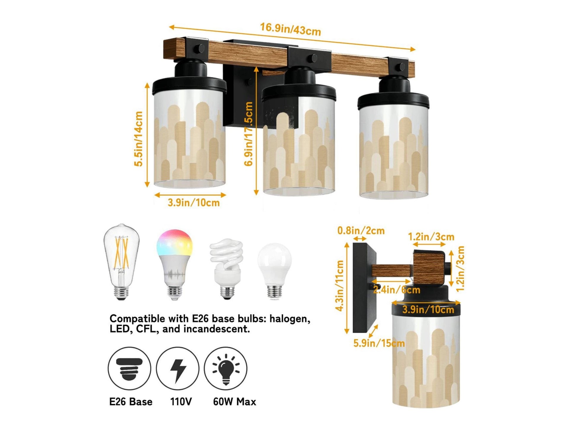 Bathroom Vanity Lighting Skyline Vanity Light Fixture 3-Light Decorative Metal and Glass Restroom Light City Sky Line Light Over Sink Decor