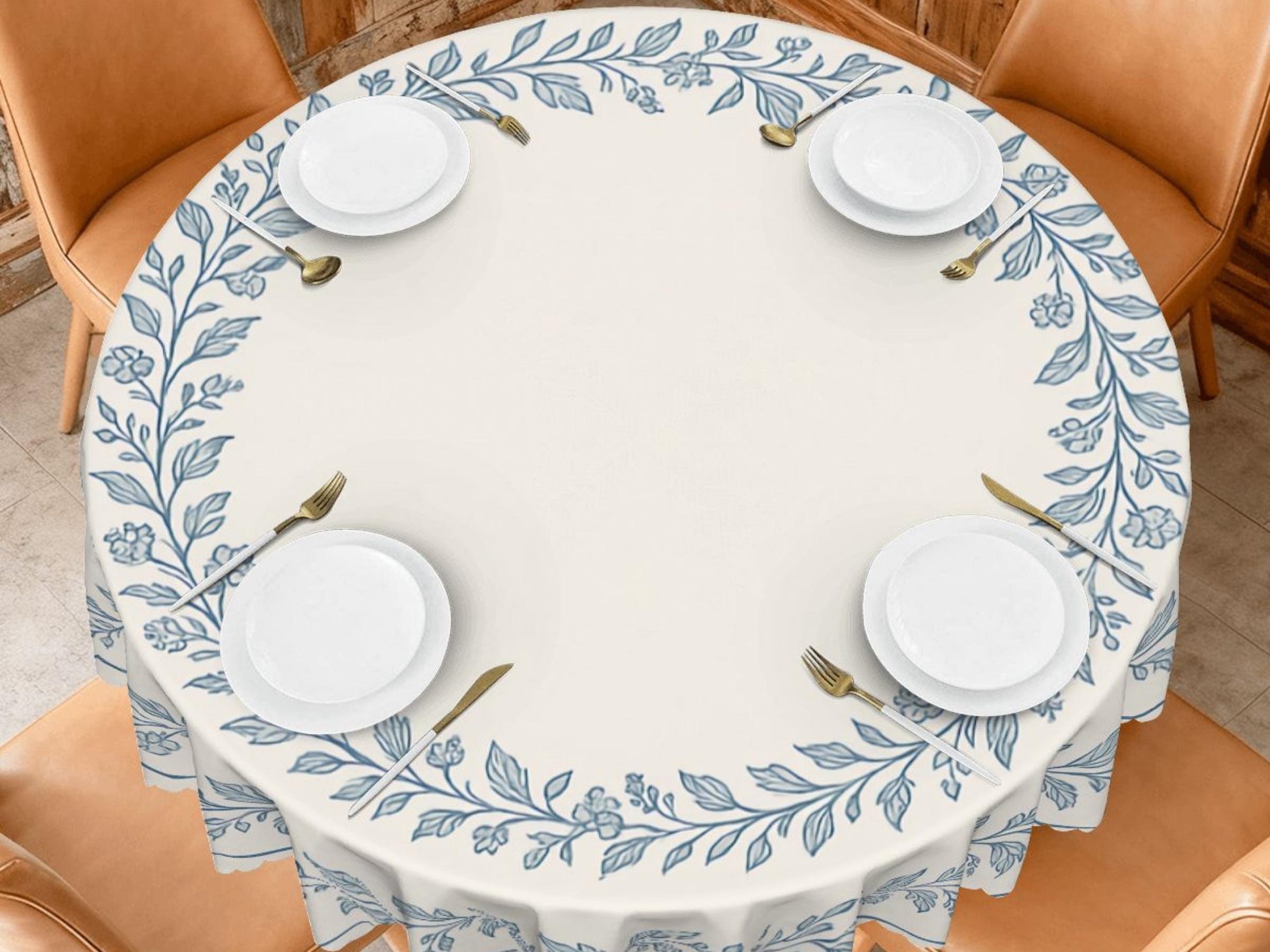 Floral Tablecloth Blue Beige Round 60in Scalloped Edge Lace Details For Dining Table Spill-Proof Beige Washable Fabric Table Cloth Dining