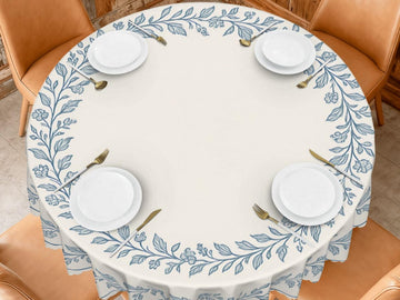 Floral Tablecloth Blue Beige Round 60in Scalloped Edge Lace Details For Dining Table Spill-Proof Beige Washable Fabric Table Cloth Dining