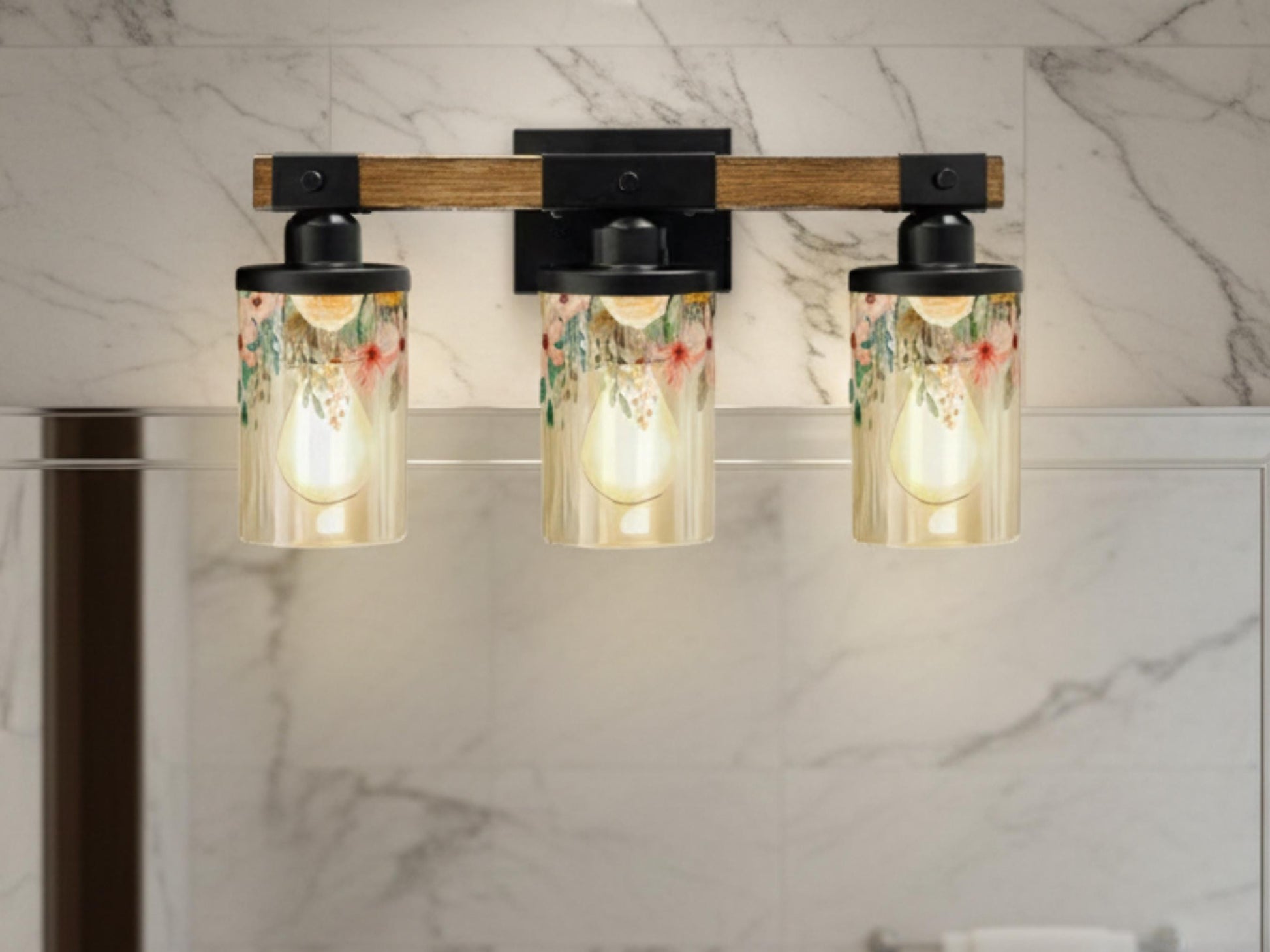Vanity Light Fixture 3-Light Watercolor Floral Farmhouse Luxury Bathroom Lighting Flowers Metal and Glass Restroom Light Over Sink Decor