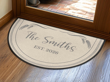 Custom Entryway Rug Welcome Mat Family Name Est Year Semi-Circle Minimalist Beige Carpet Accent Mat Rug Soft Short Pile Personalized Rug