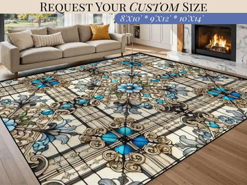 Custom Size Large Area Rug 8x10 Art Nouveau Living Room Rug Indoor Stained Glass Design Carpet 96in x 120in Family Room Rug Soft Short Pile