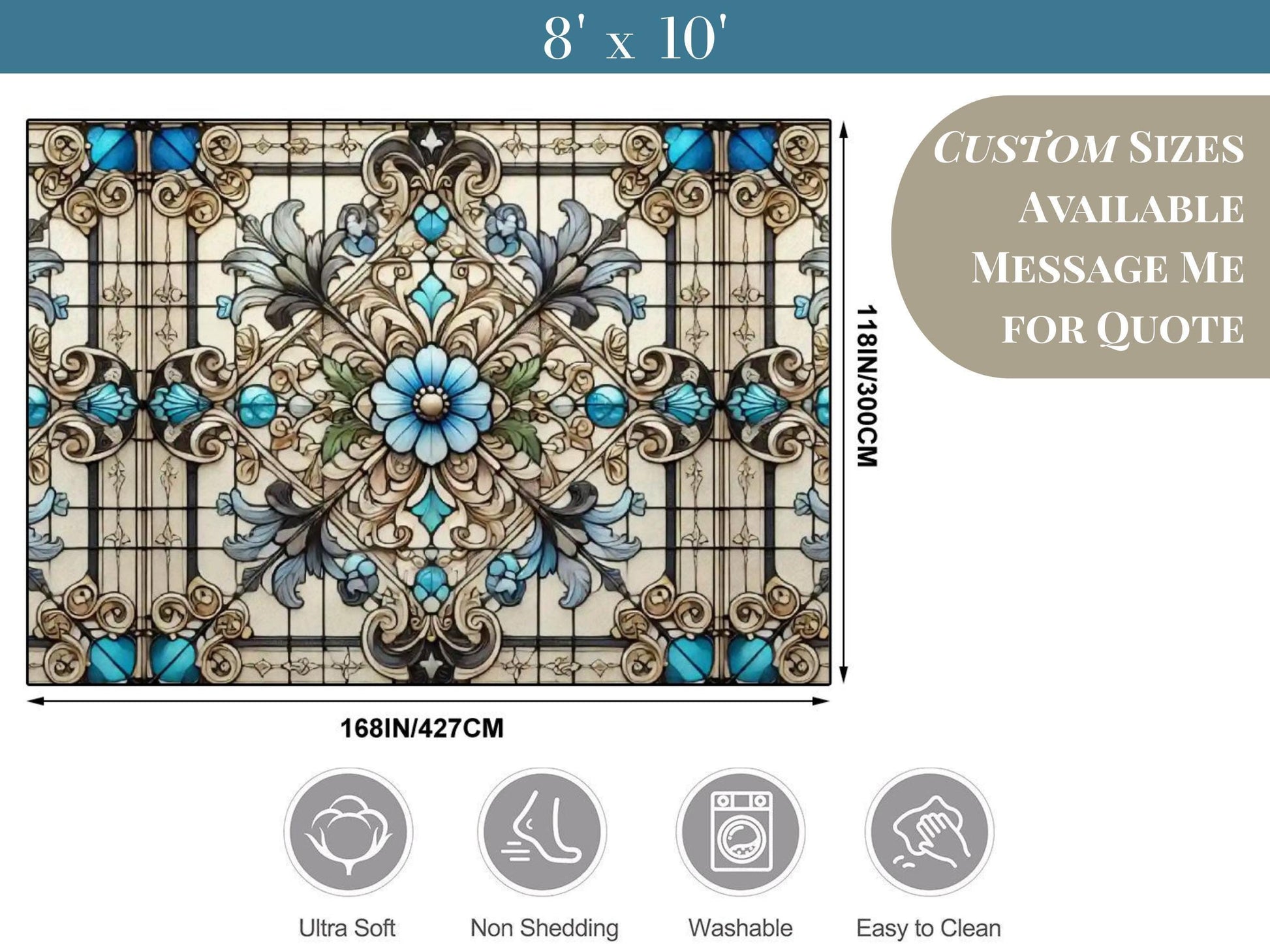 Custom Size Large Area Rug 8x10 Art Nouveau Living Room Rug Indoor Stained Glass Design Carpet 96in x 120in Family Room Rug Soft Short Pile