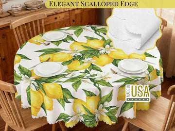 Tablecloth Lemon and Floral With Scalloped Edge Lace Detail Springtime Spill-Proof Lemons Washable Fabric Table Cloth For Family Dining